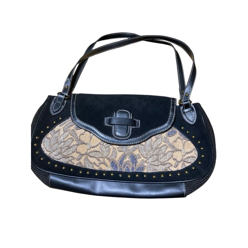 The Sak Pink Label Black Suede Leather Tapestry Purse Shoulder Bag‎ Boho